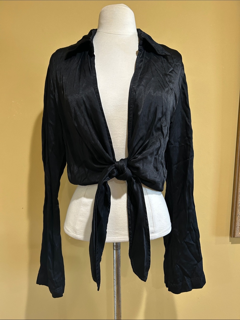 LA Made Black Tie-Front Satin Blouse